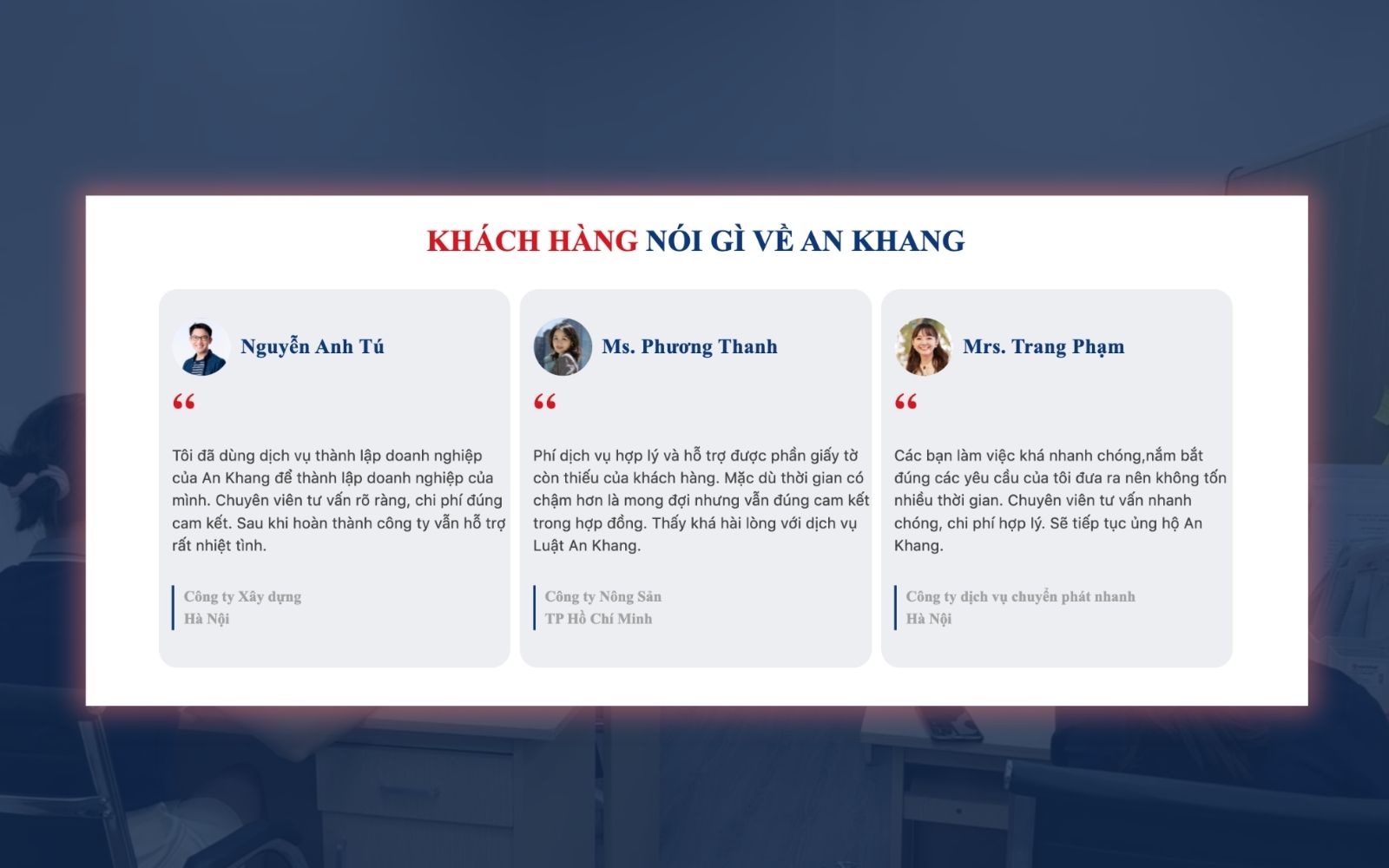 Đánh giá của khách hàng về dịch vụ thành lập công ty tại Luật An Khang